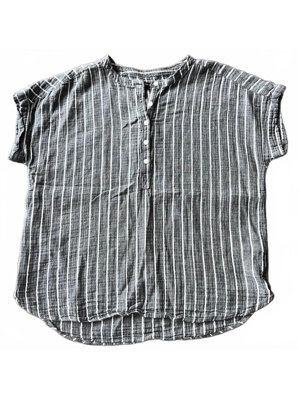 Quince organic cotton gauze shirt L striped short sleeve blouse white gray large